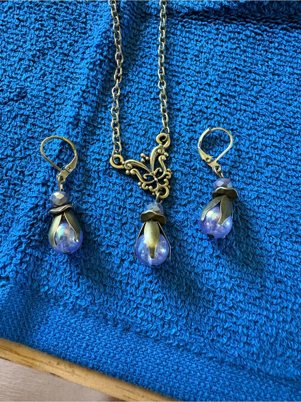 Antique Brass Lavender Glass Drop Necklace & Earring Set